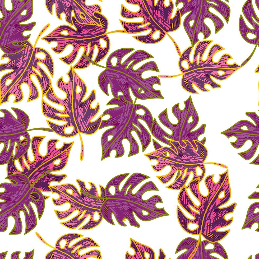 Scribble Monstera laisse un motif tropical sans couture. fond de jungle hawaïenne exotique dessiné à la main. fond de forêt tropicale. vecteur