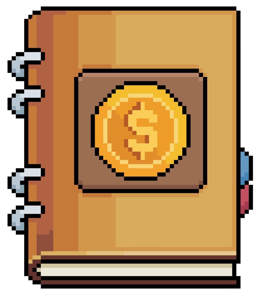 livre d'investissement en pixel art. livre avec icône de vecteur de pièce pour le jeu 8bit sur fond blanc