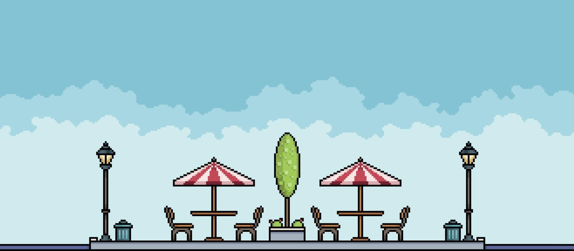parc de pixels avec arbres, poteaux et tables d'alimentation paysage urbain. fond de paysage urbain pour le jeu 8bit vecteur