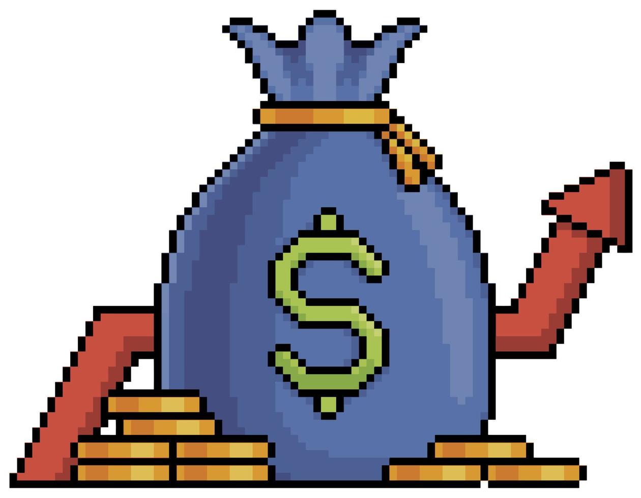 sac d'argent pixel art avec pièces de monnaie et icône vectorielle graphique pour jeu 8bit sur fond blanc vecteur