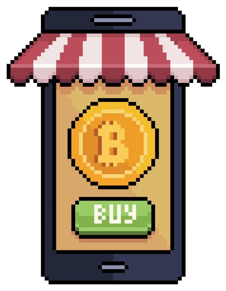 pixel art acheter bitcoin par mobile. téléphone portable avec icône de vecteur d'auvent pour jeu 8 bits sur fond blanc