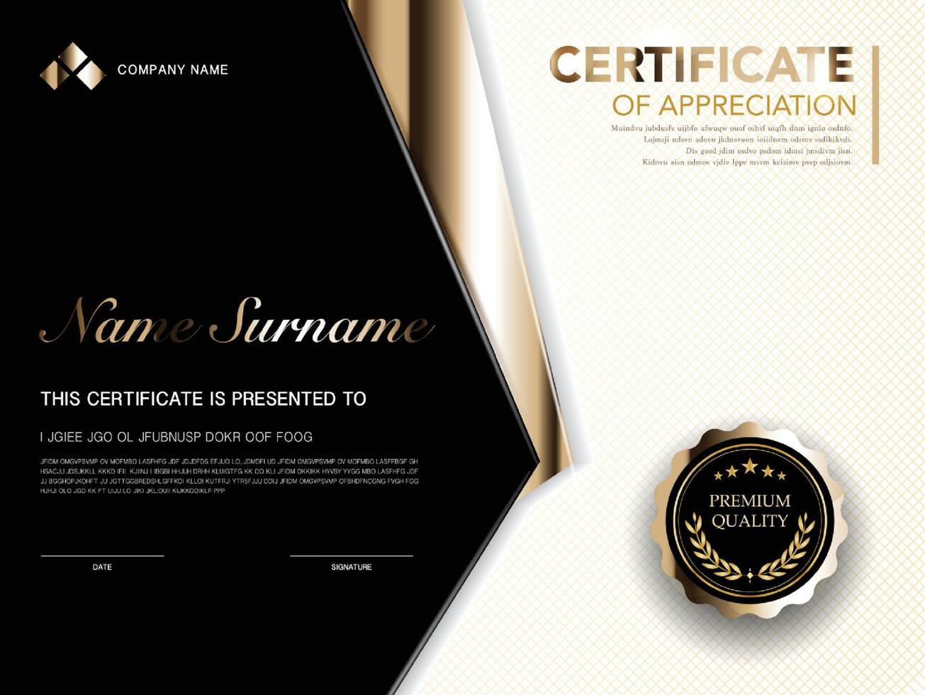 modèle de certificat de diplôme couleur noir et or avec image vectorielle de luxe et de style moderne vecteur