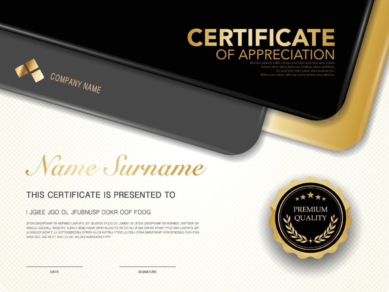 modèle de certificat de diplôme couleur noir et or avec image vectorielle de luxe et de style moderne vecteur
