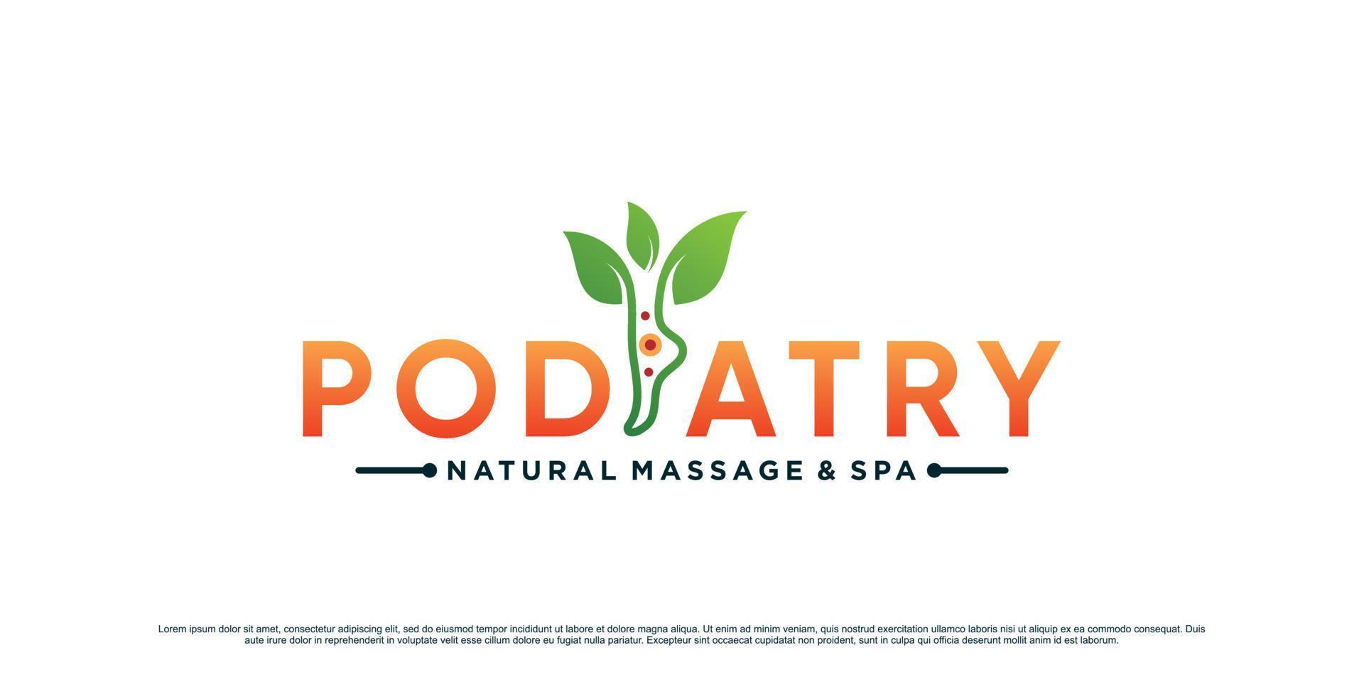 création de logo de podologie pour le massage naturel des pieds avec concept de cheville et élément de feuille vecteur premium