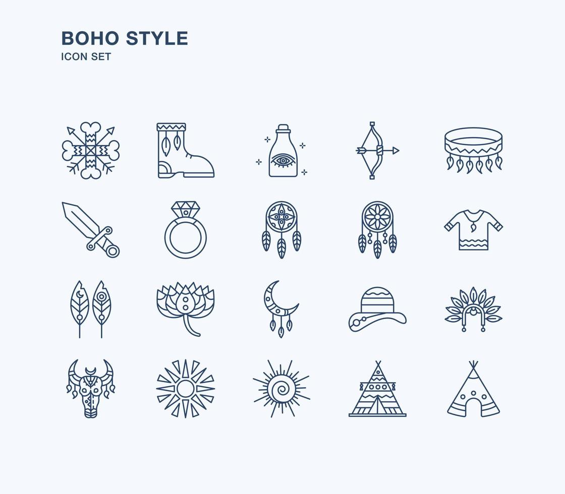 jeu d'icônes de contour de style boho et tribal vecteur