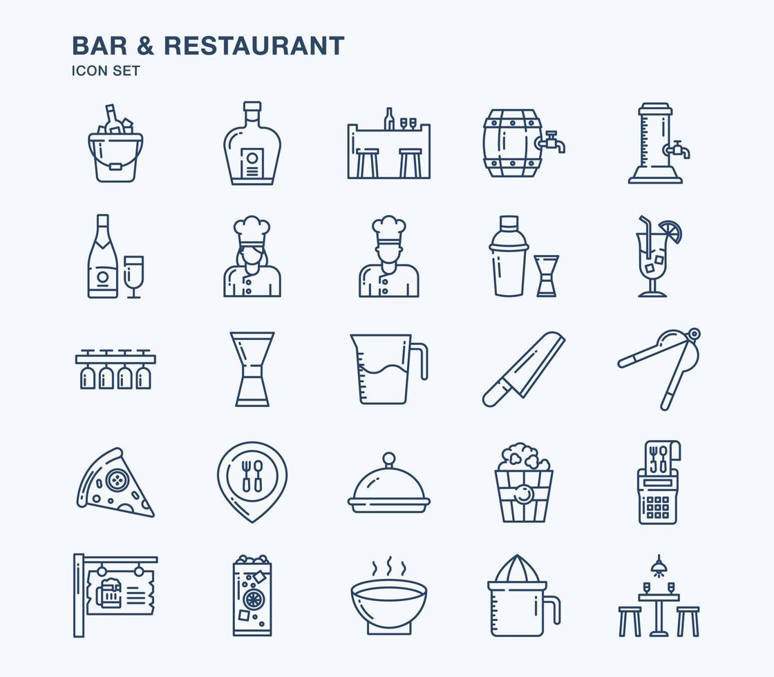 jeu d'icônes de contour bar et restaurant vecteur