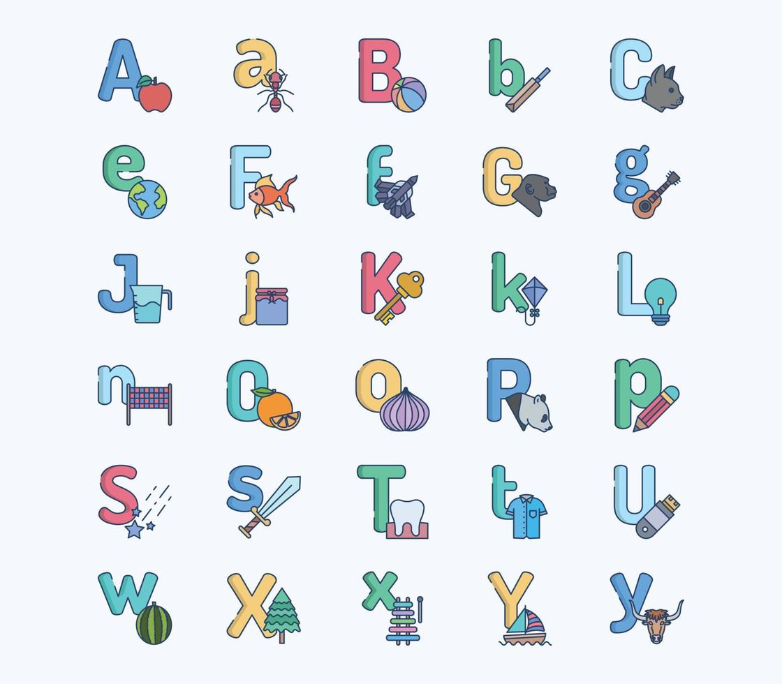 alphabet, lettres, linéaire, coloré, icône, ensemble vecteur