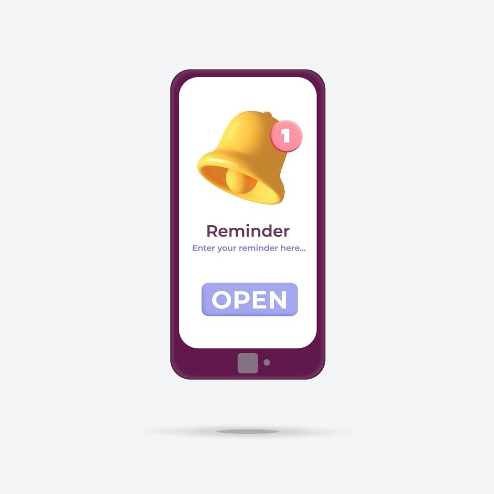 smartphone vectoriel 3d avec conception de symbole de rappel. cloche jaune avec icône rouge de notification de nouveau message. message d'alerte, gestion du temps et des tâches, nouvel e-mail non lu, éducation, rappel de calendrier