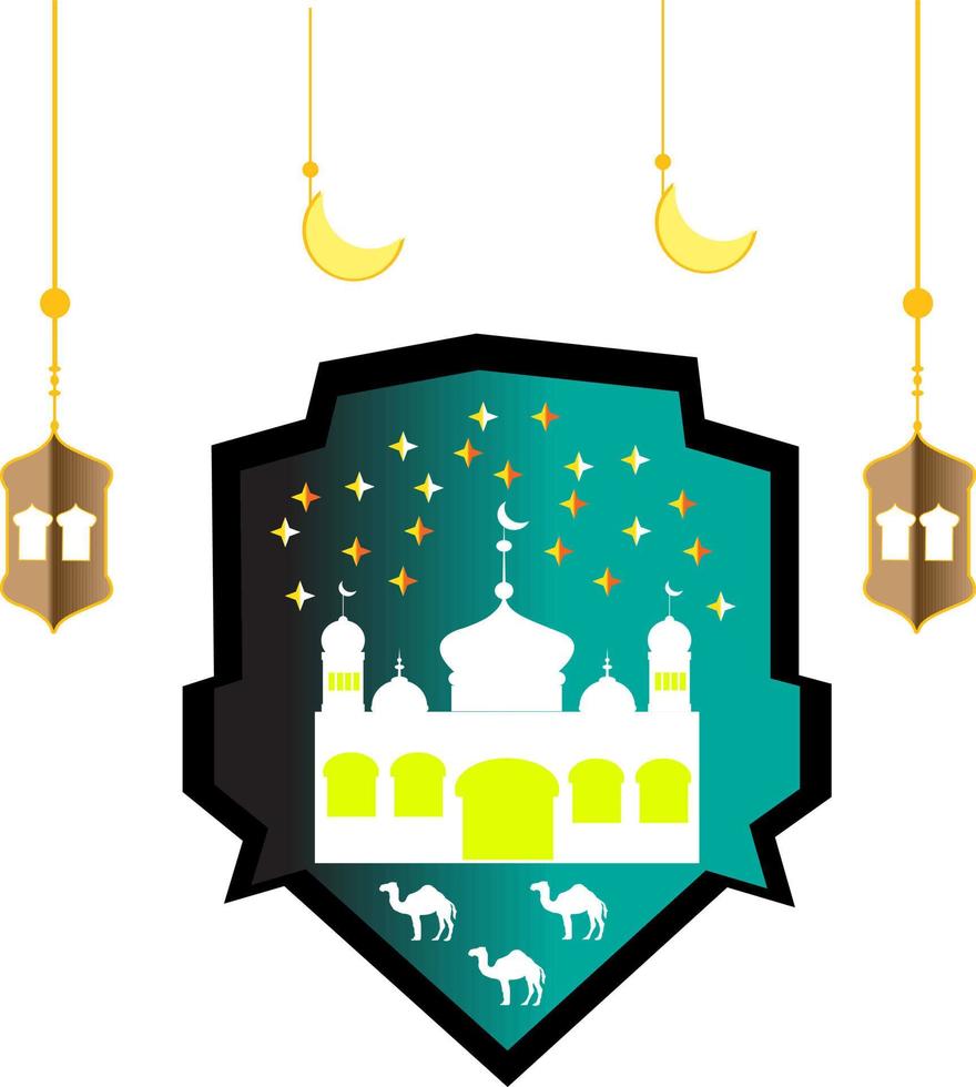 eid al-adha avec mosquée, icône de lanterne étoile et chameau. vecteur