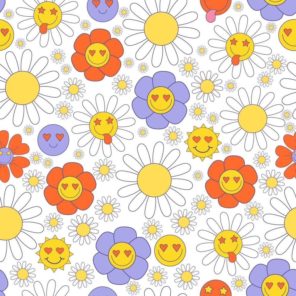 motif nostalgique rétro harmonieux avec des éléments groovy des années 70, 80 et 90. autocollants dessin animé funky flower power, fleurs de marguerite, camomille, visage souriant. illustration vectorielle vecteur