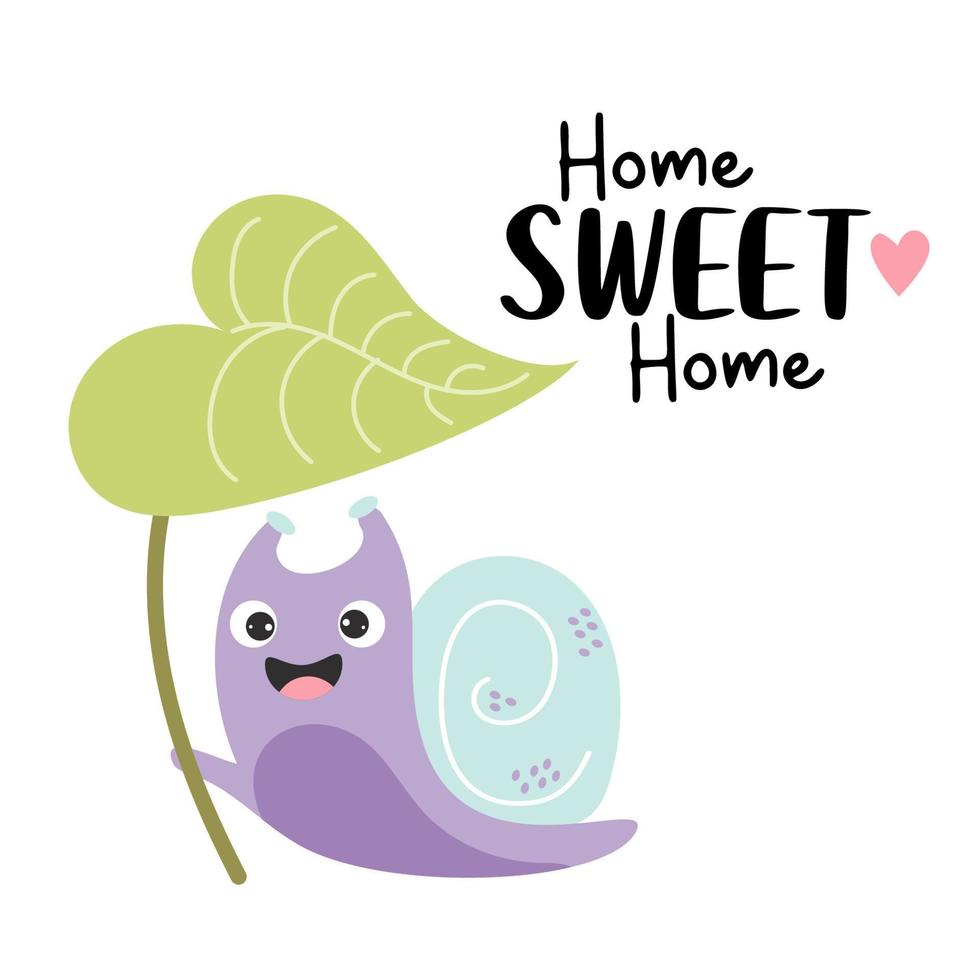 mignon escargot heureux sous une grande feuille de plante et slogan - home sweet home. illustration vectorielle. carte amusante et amusante avec un personnage d'escargot pour les cartes de voeux, les couvertures, le design et la décoration. vecteur