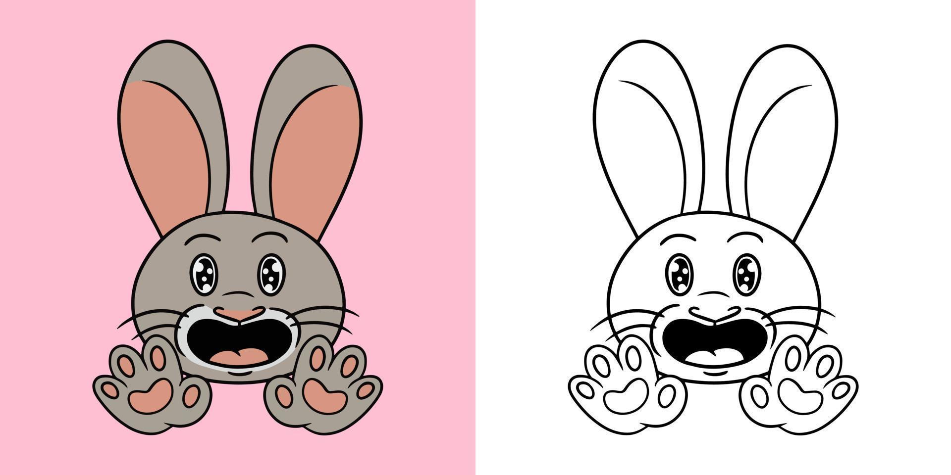 image horizontale. personnage de lapin, lapin mignon drôle, émotions de caractère, excitation, illustration vectorielle de style dessin animé pour livre de coloriage vecteur