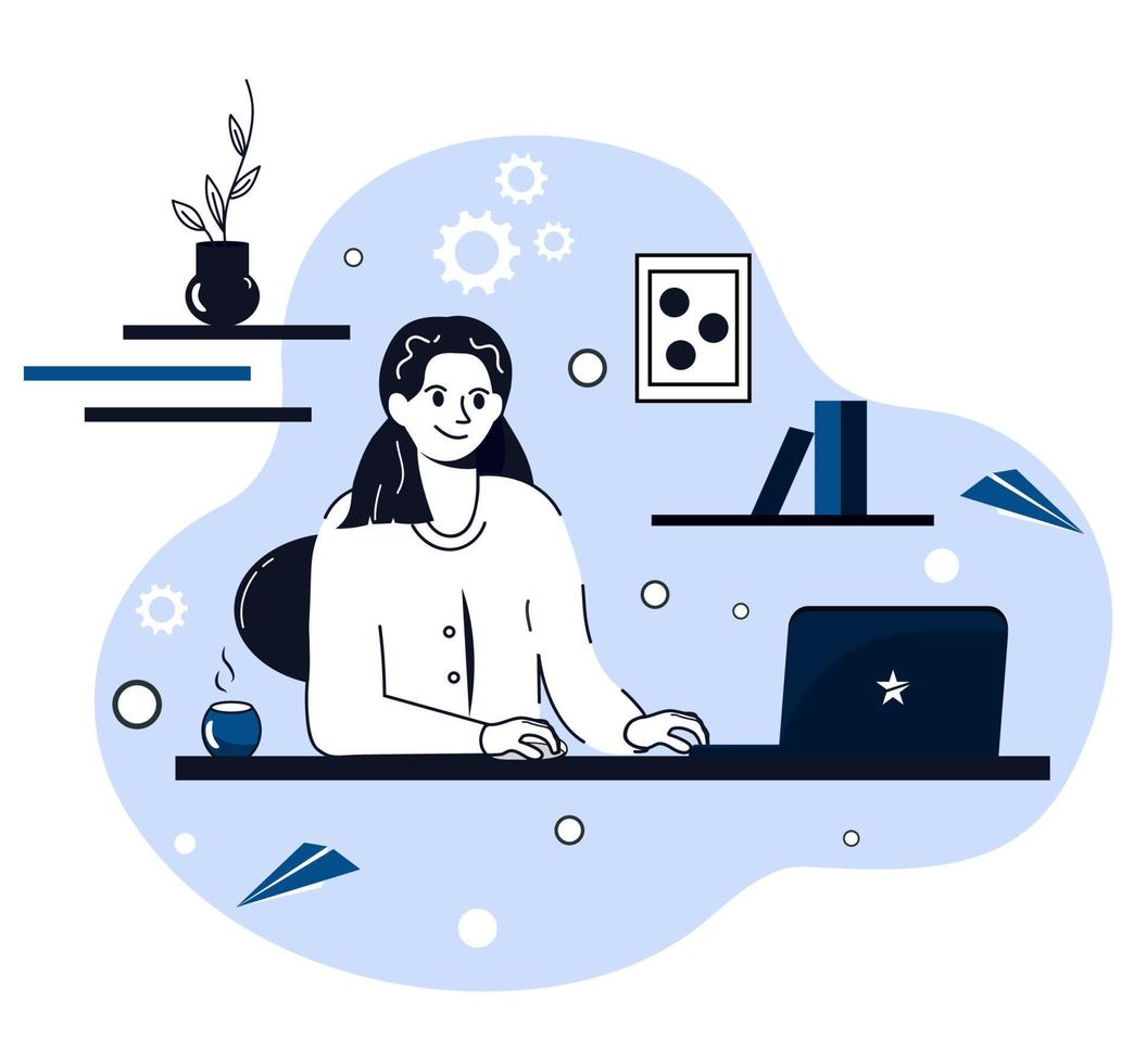 fille dans les écouteurs est assise et regarde l'ordinateur. illustration de stock de vecteur. tons bleus. style plat. personnage. La technologie. webinaire et formation en ligne vecteur