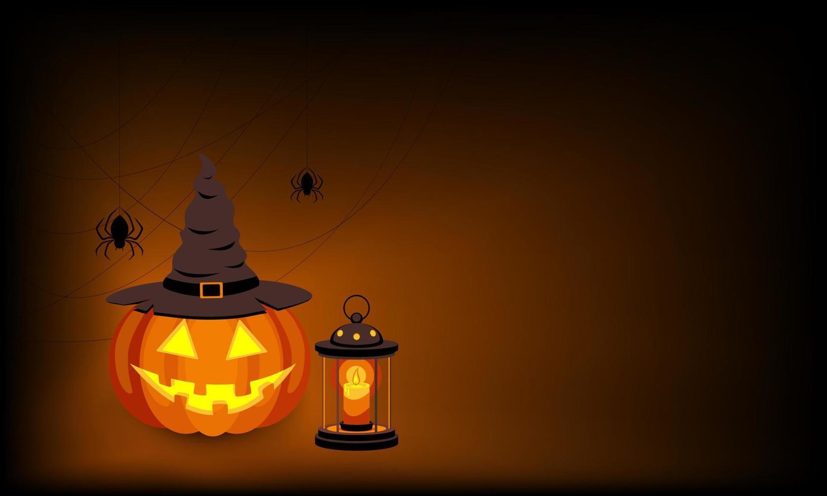 bannière d'halloween heureux avec espace de copie. prise de lanterne citrouille dans un chapeau de sorcière. illustration vectorielle stock. vecteur