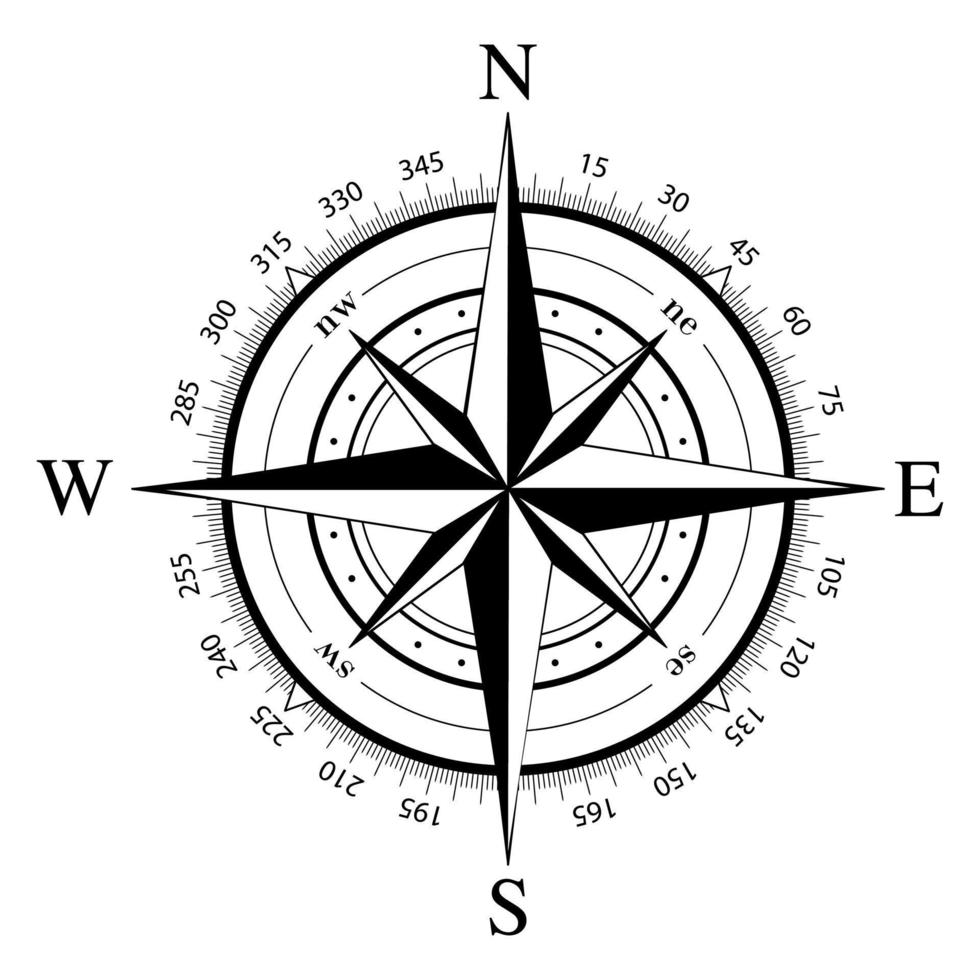 boussole icône rose des vents navigation silhouette avec numéro de cercle vecteur