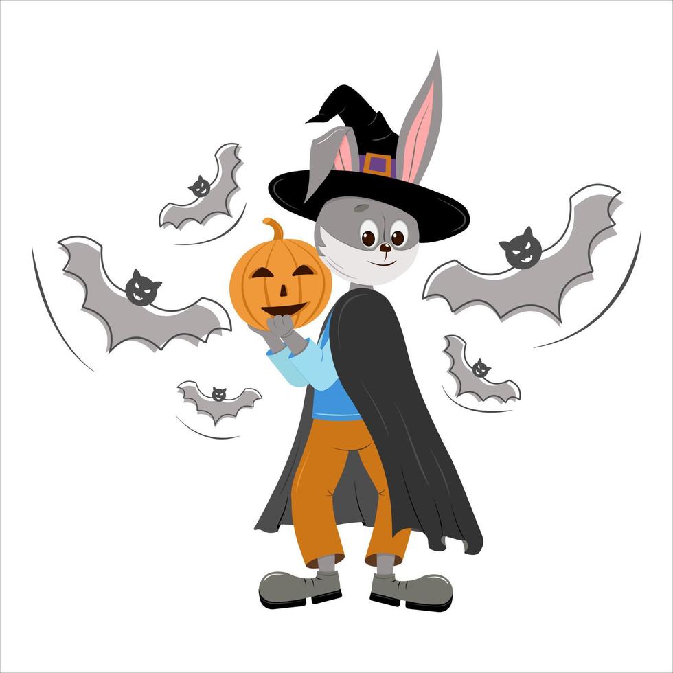 mignon lièvre tenant une citrouille. personnage d'halloween de lapin de vecteur. année du lapin, symbole de l'année 2023. vecteur