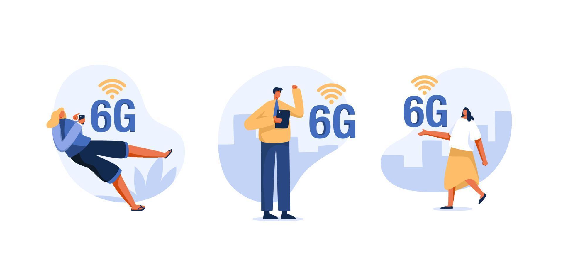 personnes avec le symbole 6g. connexion sans fil haut débit 6g. illustration des signes internet et du concept d'activités des personnes. vecteur