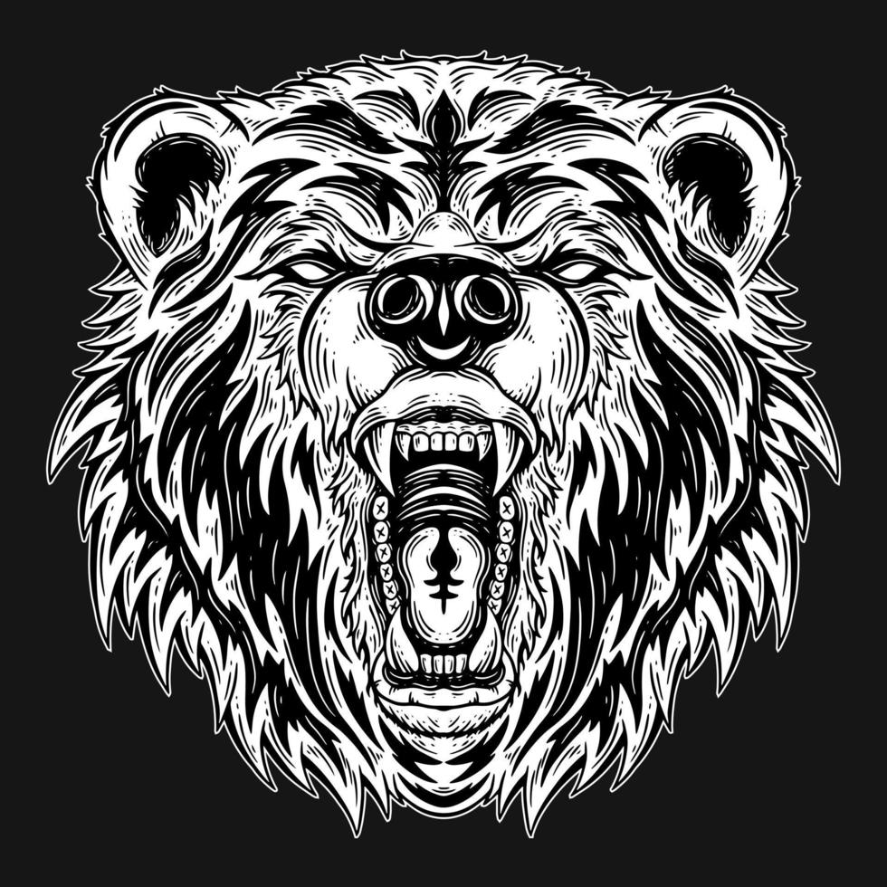 art sombre tête d'ours bête style d'éclosion dessiné à la main vecteur