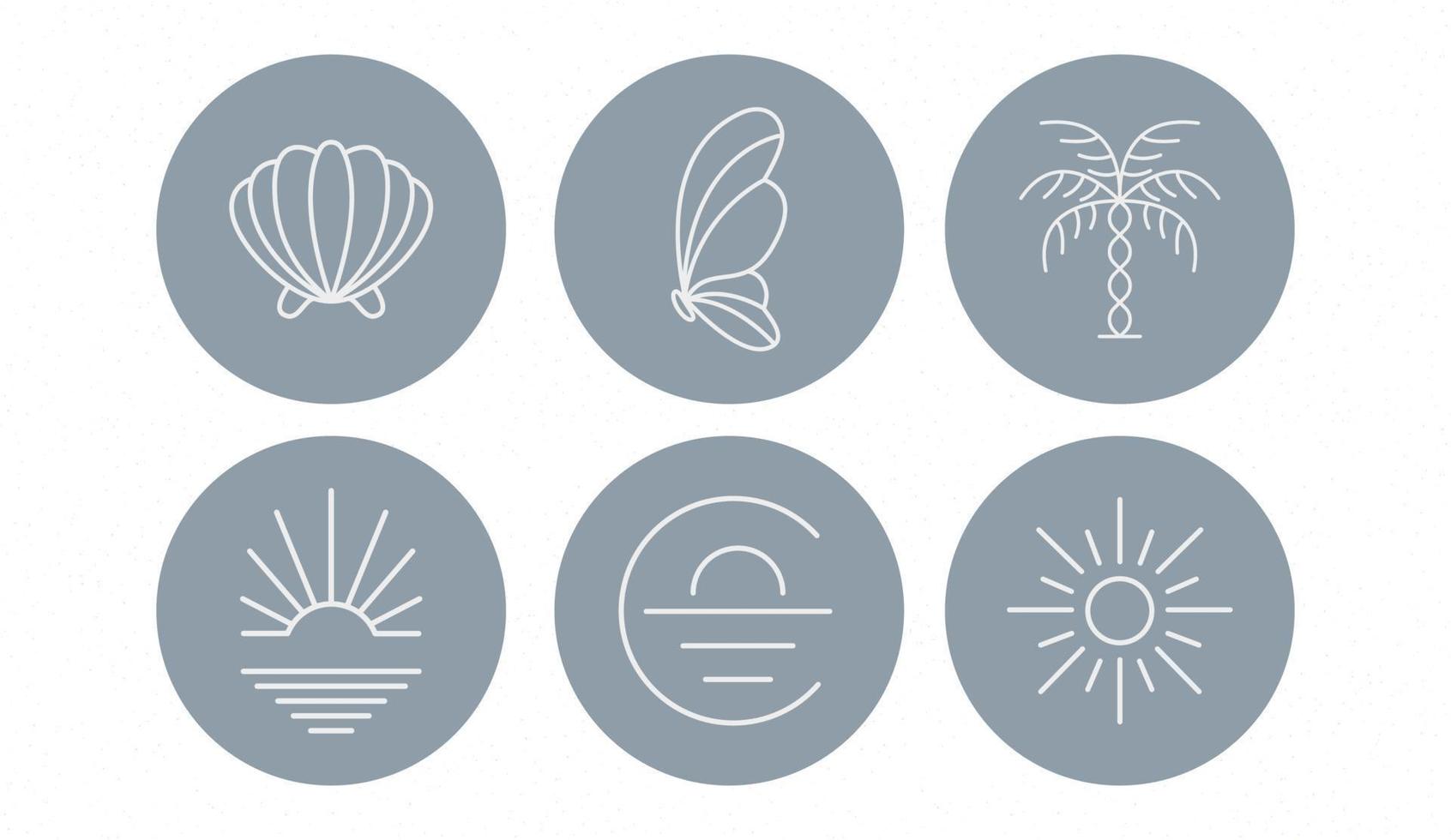 badges d'été avec coquillages mécaniques, fleurs et mains en cercles. illustration vectorielle. ensemble d'icônes et d'emblèmes pour les couvertures d'actualités des médias sociaux. modèles de conception pour studio de yoga vecteur