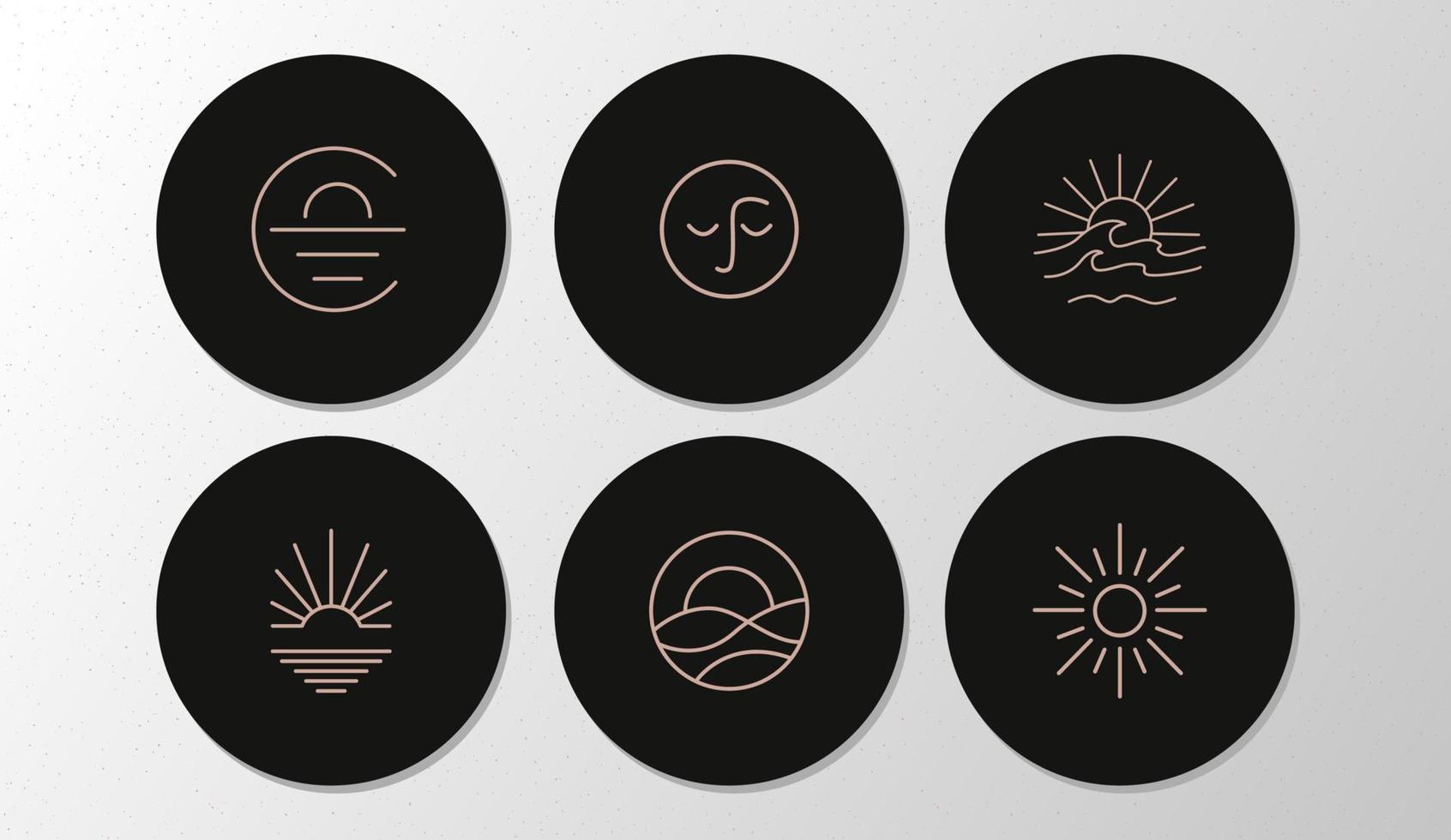badges d'été avec coquillages, soleil et palmier en cercles. ensemble d'icônes et d'emblèmes pour les couvertures d'actualités des médias sociaux. modèles de conception pour studio de yoga, tourisme, salons de beauté vecteur