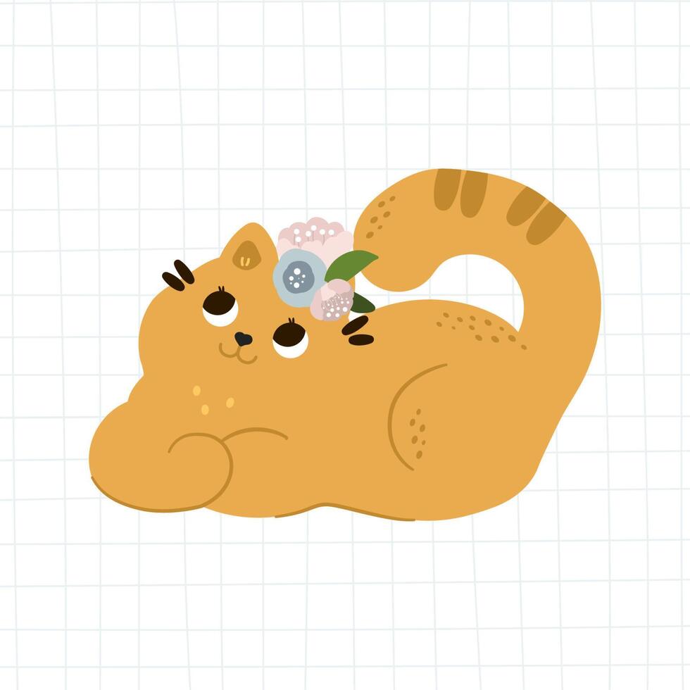 Rêves de chat mignon en fleurs. concept isolé d'icône de nourriture pour animaux de compagnie sur fond quadrillé. style de dessin animé plat pour baby shower, magasin de bébé, livres vecteur