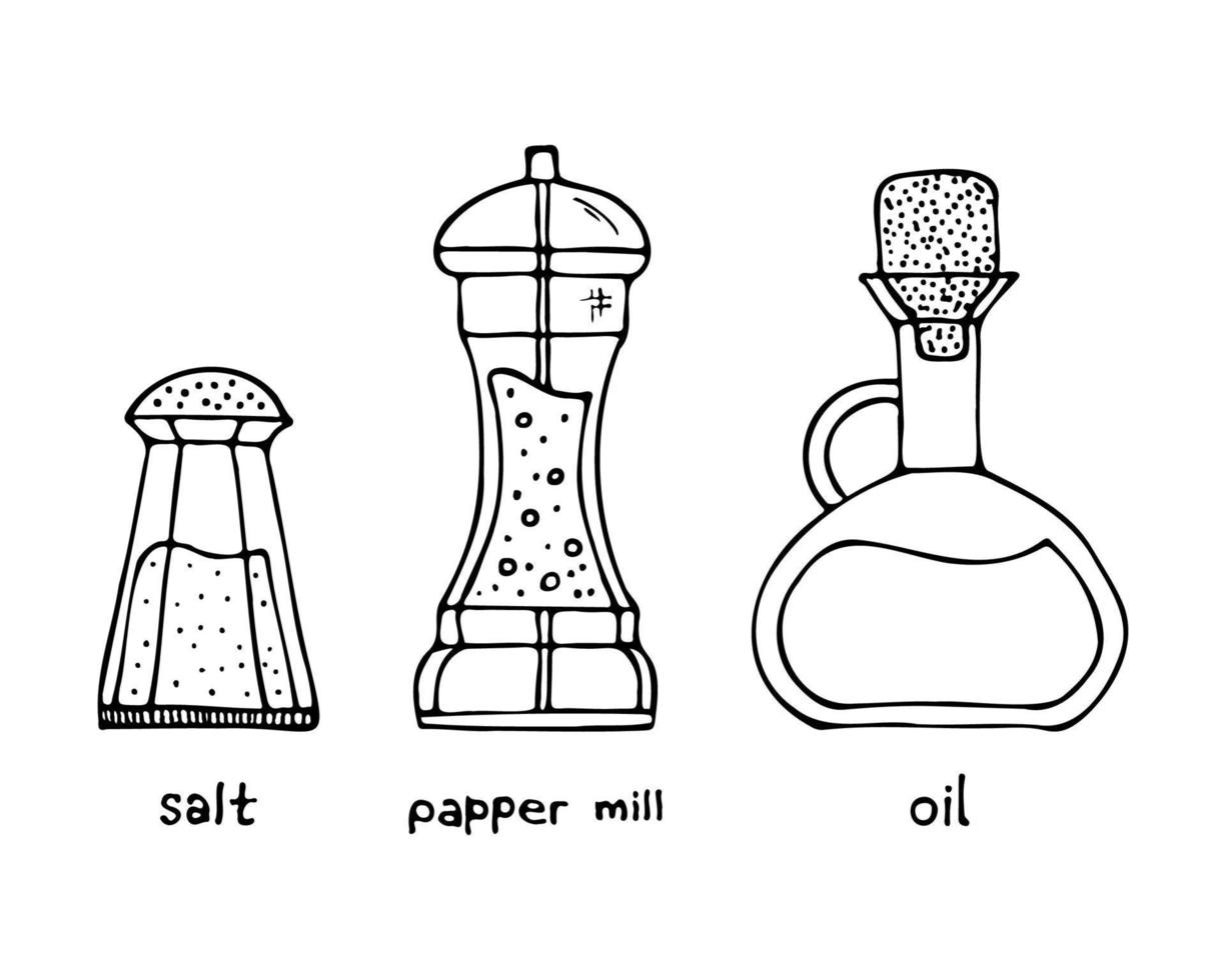 croquis doodle de la cuisine, vue de face. illustration de silhouette vectorielle. ensemble moulin à sel, à huile et à papier vecteur