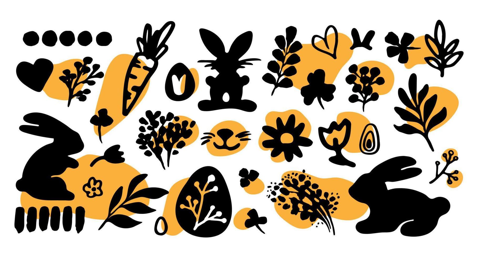 vecteur doodle de pâques sertie de lapins mignons, de poulets, de fleurs et d'oeufs. éléments de conception et personnages en style cartoon. illustration vectorielle.
