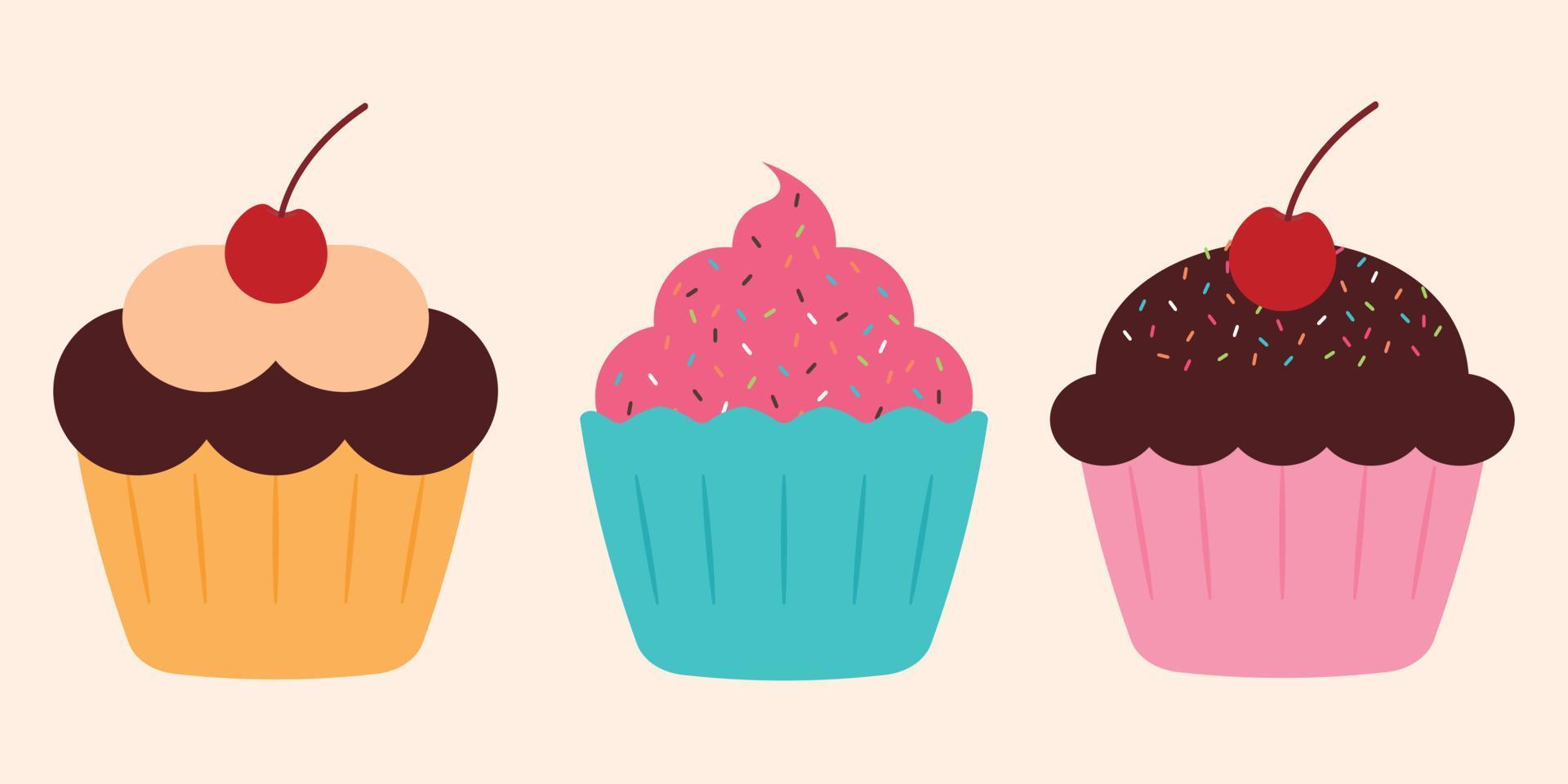 clipart de cupcake mignon avec une conception d'illustration vectorielle de cerise animée de dessin animé pour l'autocollant et l'icône vecteur