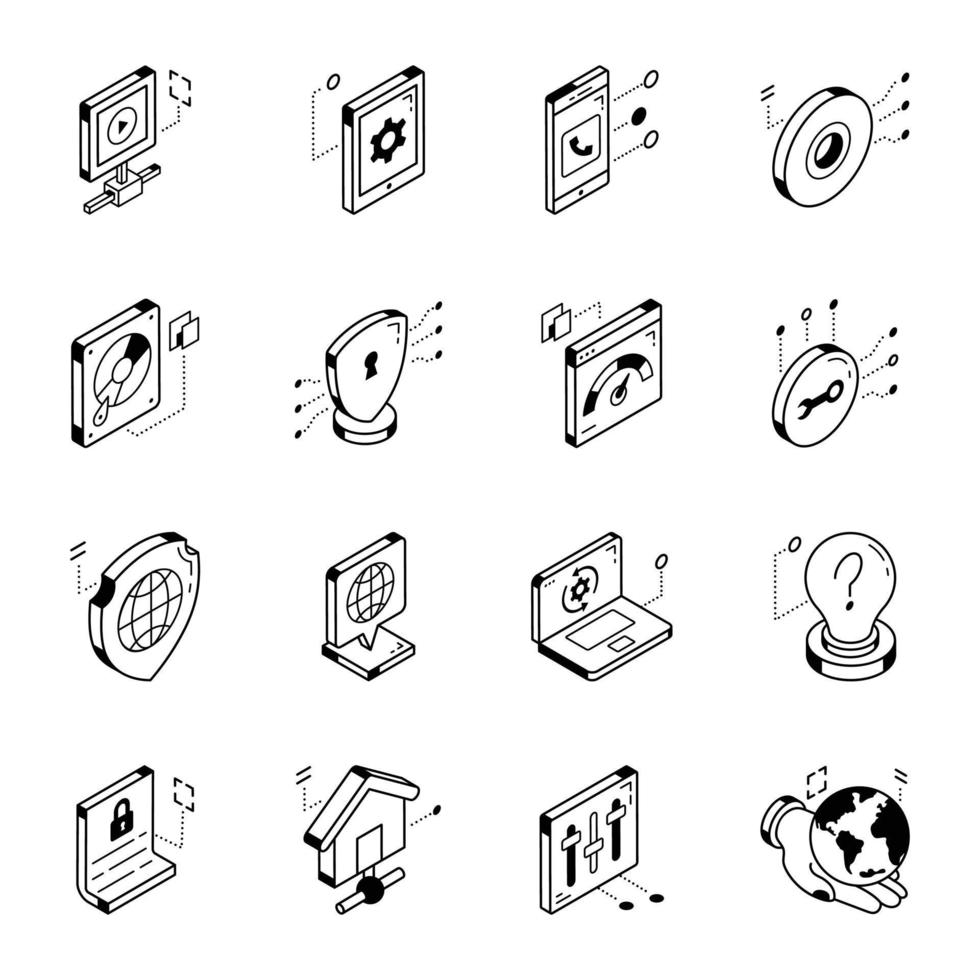 icônes de ligne isométrique du web et de la cybersécurité vecteur