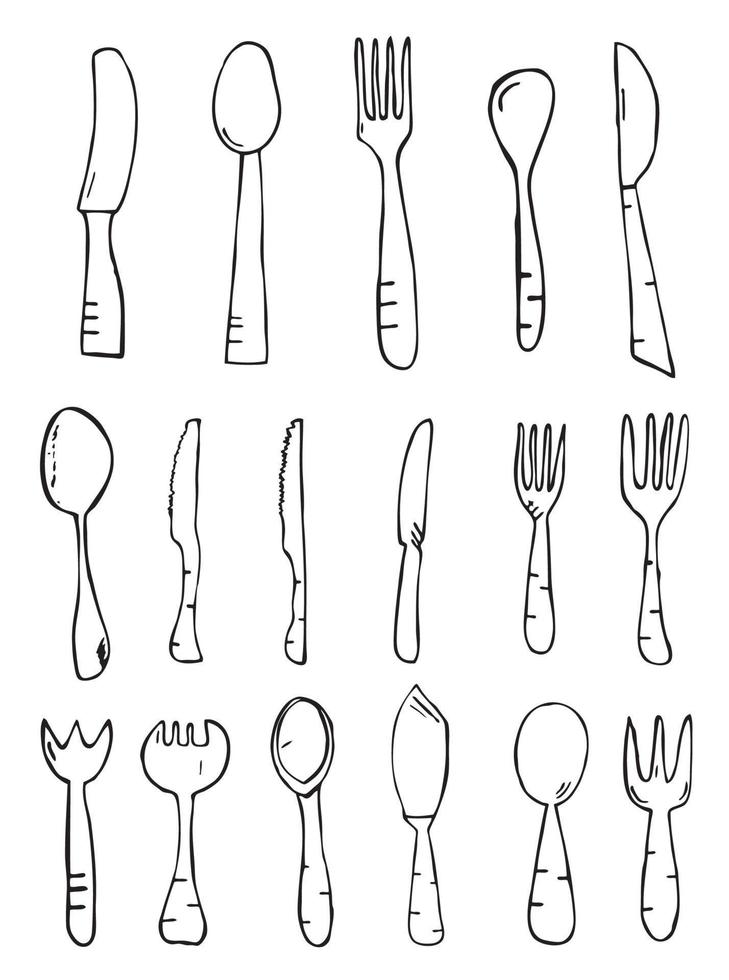 cuillère couteau fourchette. objets isolés dessinés à la main. vecteur
