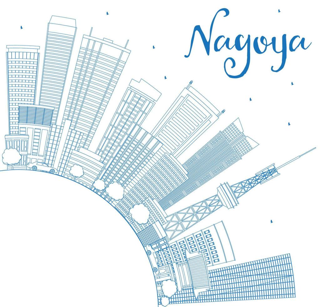 décrivez l'horizon de nagoya avec des bâtiments bleus et un espace de copie. vecteur