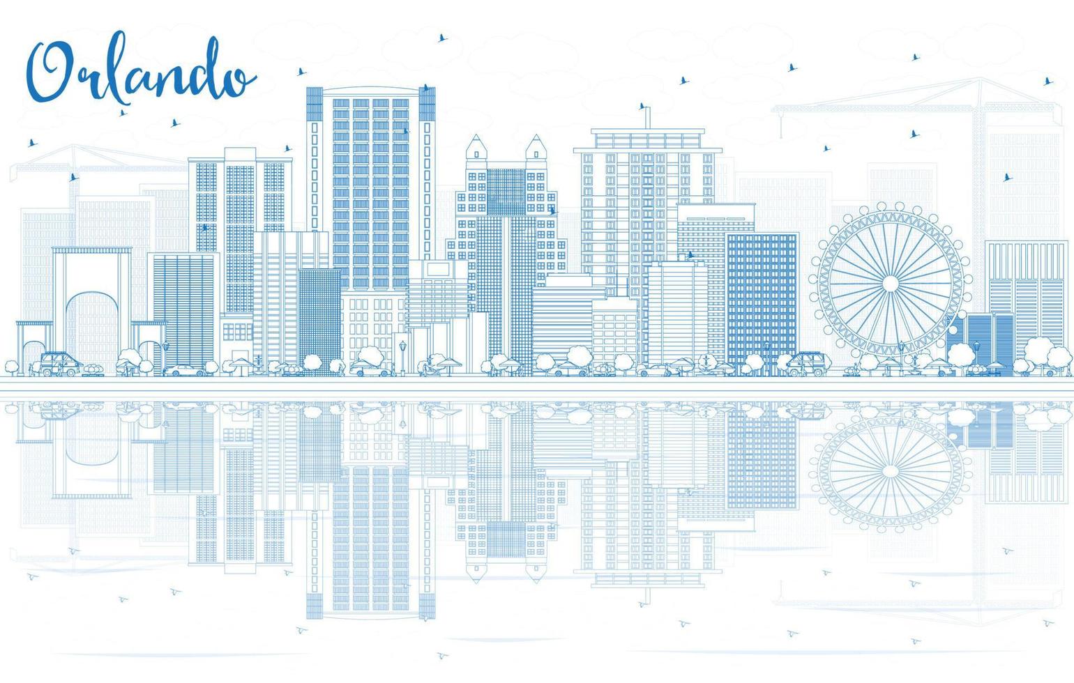 Décrire l'horizon d'Orlando avec des bâtiments bleus et des reflets. vecteur