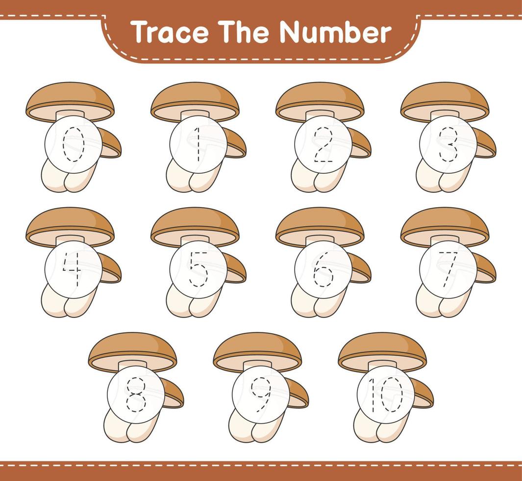 tracer le numéro. numéro de traçage avec shiitake. jeu éducatif pour enfants, feuille de calcul imprimable, illustration vectorielle vecteur