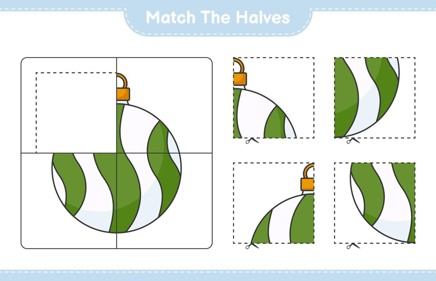 faire correspondre les moitiés. faire correspondre les moitiés de boule de noël. jeu éducatif pour enfants, feuille de calcul imprimable, illustration vectorielle vecteur
