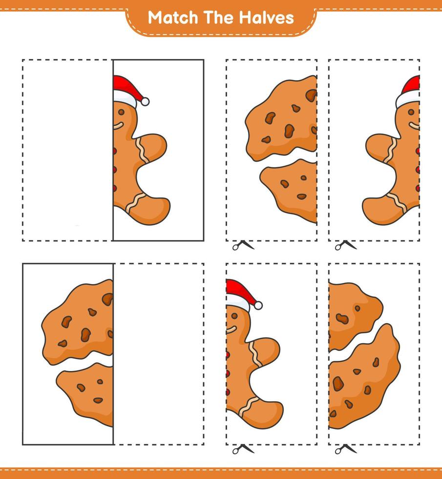 faire correspondre les moitiés. associez les moitiés du bonhomme en pain d'épice et des biscuits. jeu éducatif pour enfants, feuille de calcul imprimable, illustration vectorielle vecteur