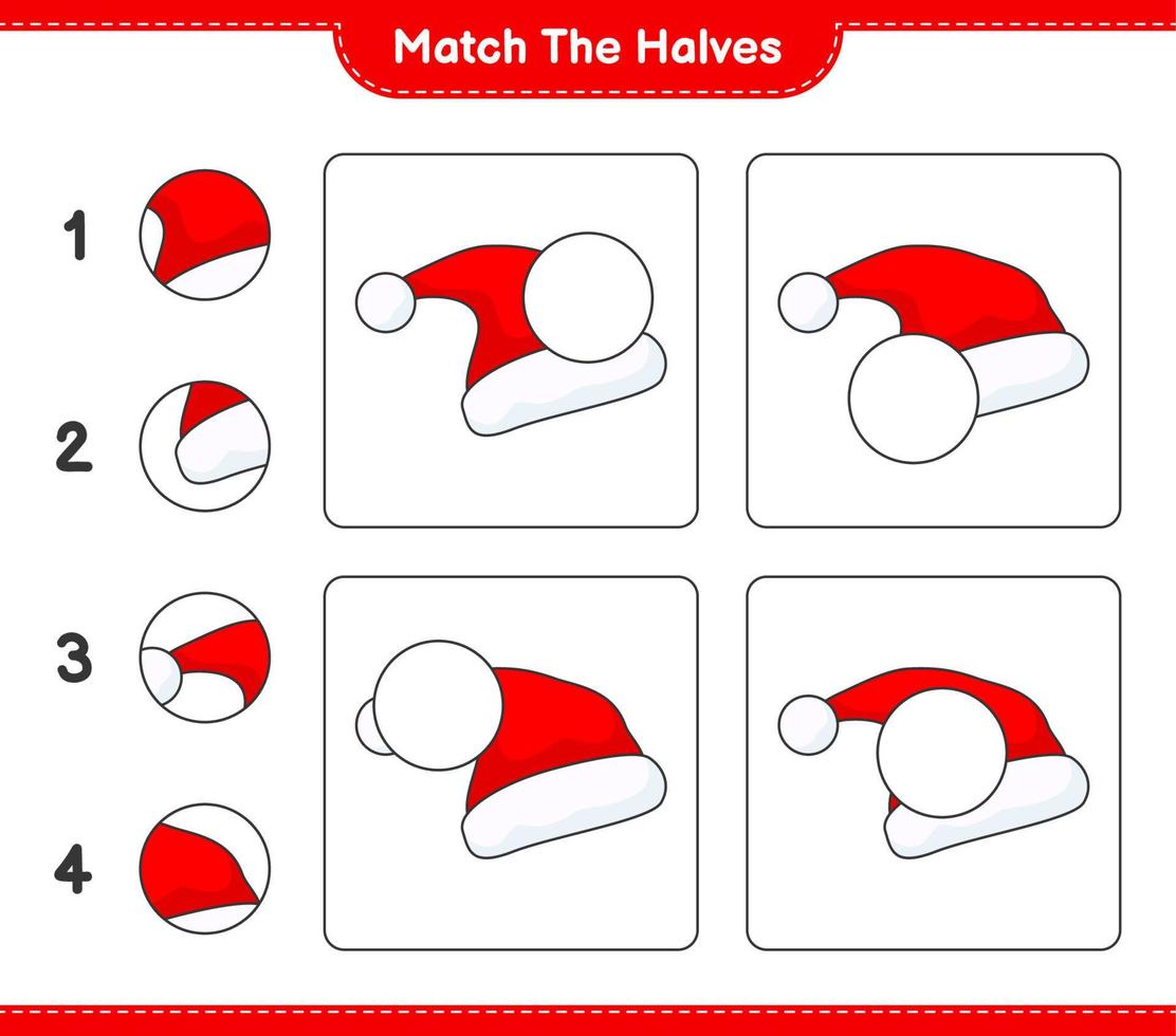 faire correspondre les moitiés. associez les moitiés du bonnet de Noel. jeu éducatif pour enfants, feuille de calcul imprimable, illustration vectorielle vecteur