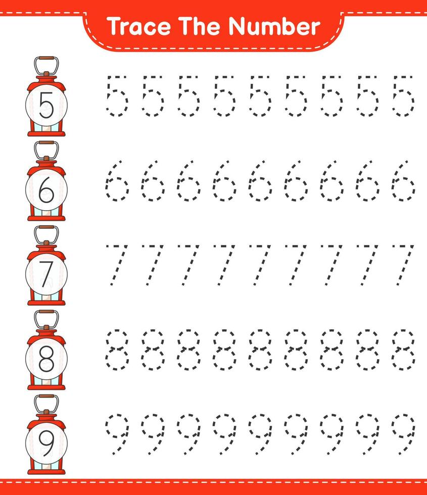 tracer le numéro. numéro de traçage avec lanterne. jeu éducatif pour enfants, feuille de calcul imprimable, illustration vectorielle vecteur