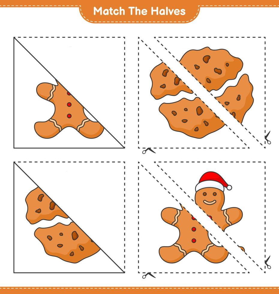 faire correspondre les moitiés. associez les moitiés du bonhomme en pain d'épice et des biscuits. jeu éducatif pour enfants, feuille de calcul imprimable, illustration vectorielle vecteur