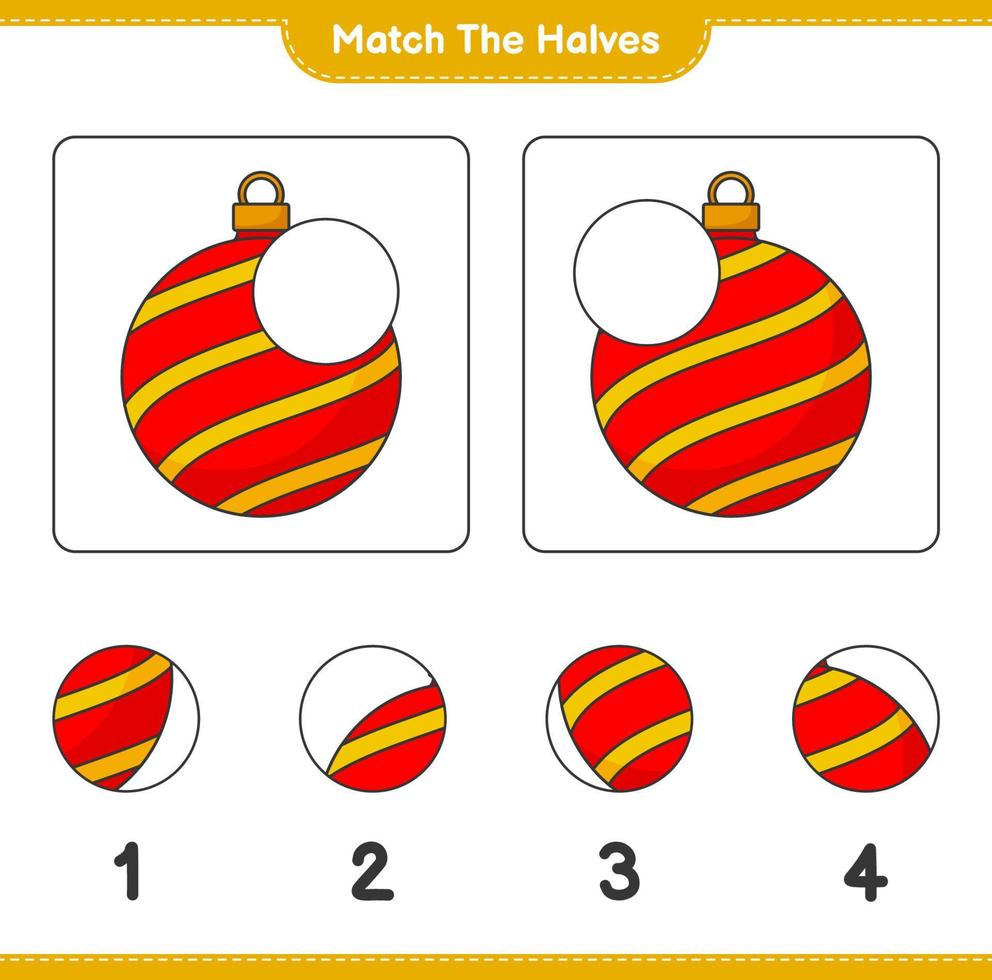 faire correspondre les moitiés. faire correspondre les moitiés de boule de noël. jeu éducatif pour enfants, feuille de calcul imprimable, illustration vectorielle vecteur