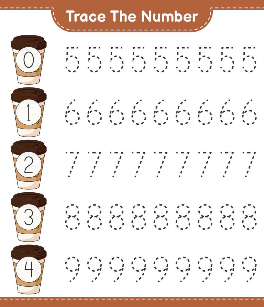 tracer le numéro. numéro de traçage avec tasse à thé. jeu éducatif pour enfants, feuille de calcul imprimable, illustration vectorielle vecteur