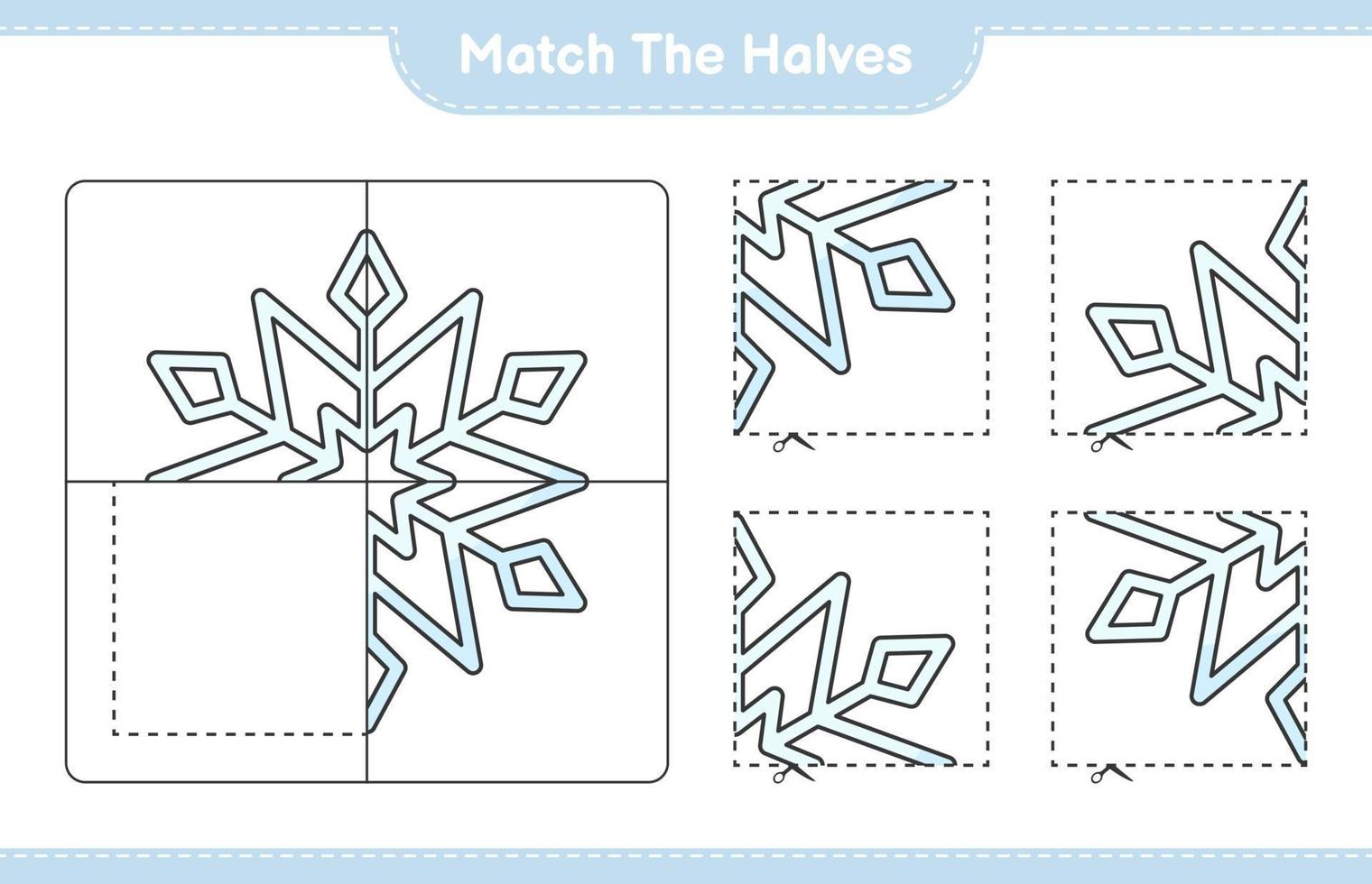 faire correspondre les moitiés. faire correspondre les moitiés de flocon de neige. jeu éducatif pour enfants, feuille de calcul imprimable, illustration vectorielle vecteur