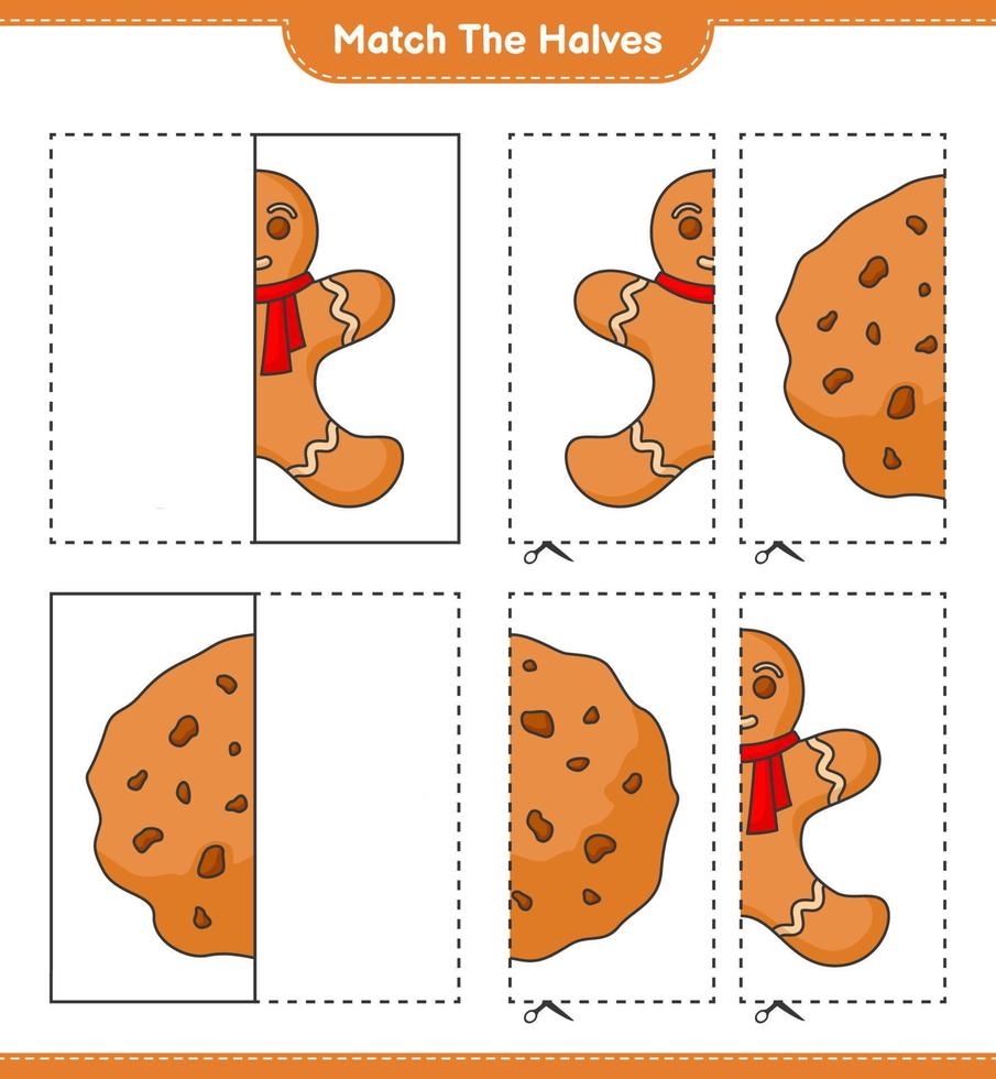 faire correspondre les moitiés. associez les moitiés du bonhomme en pain d'épice et des biscuits. jeu éducatif pour enfants, feuille de calcul imprimable, illustration vectorielle vecteur