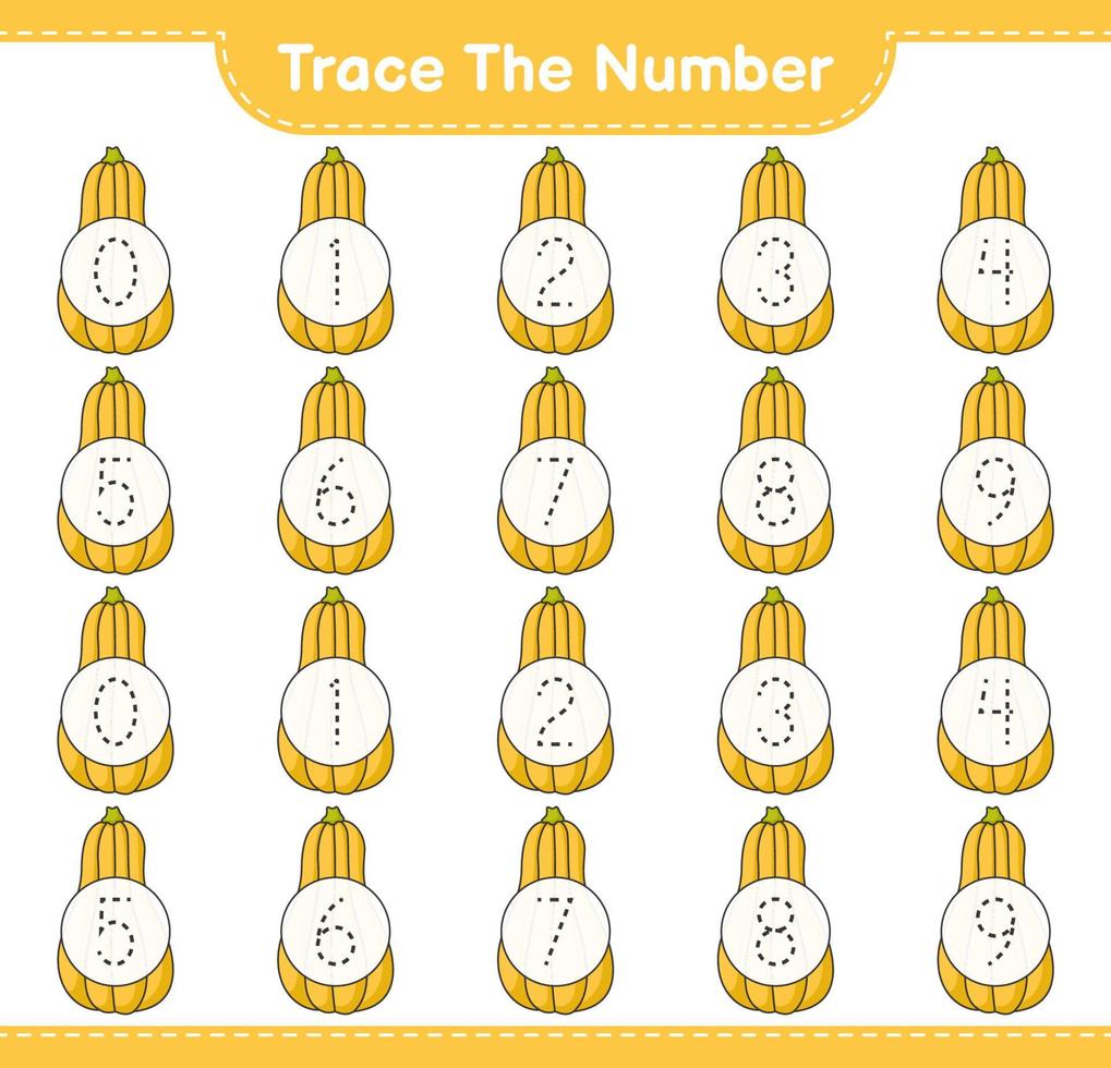 tracer le numéro. numéro de traçage avec courge musquée. jeu éducatif pour enfants, feuille de calcul imprimable, illustration vectorielle vecteur