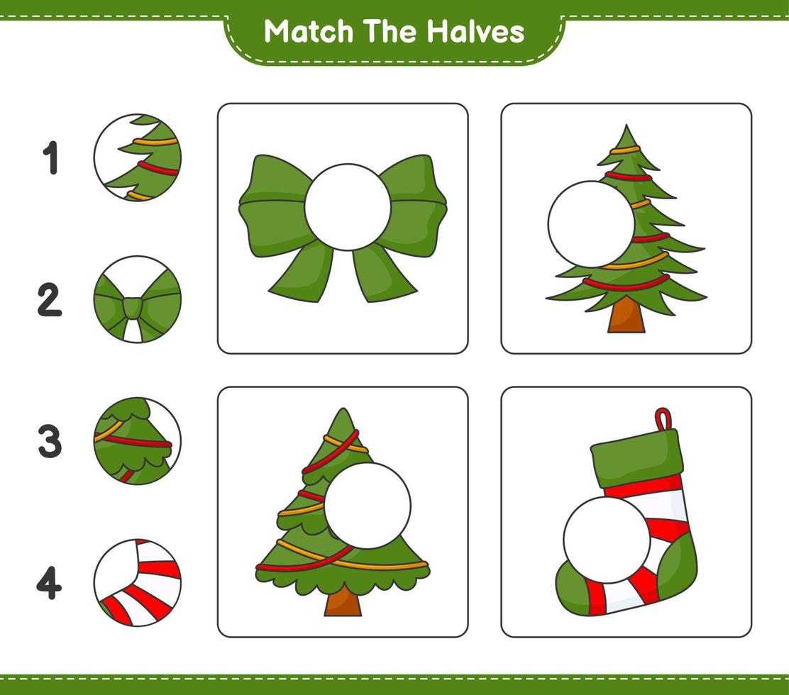 faire correspondre les moitiés. associez les moitiés du sapin, du ruban et de la chaussette de Noël. jeu éducatif pour enfants, feuille de calcul imprimable, illustration vectorielle vecteur