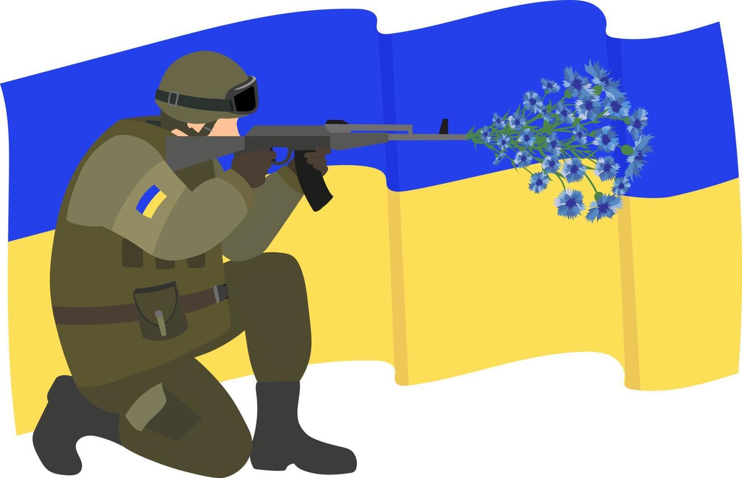 un soldat ukrainien tire des bleuets à partir d'une mitrailleuse, debout sur un genou, sur fond de drapeau ukrainien. illustration vectorielle. vecteur