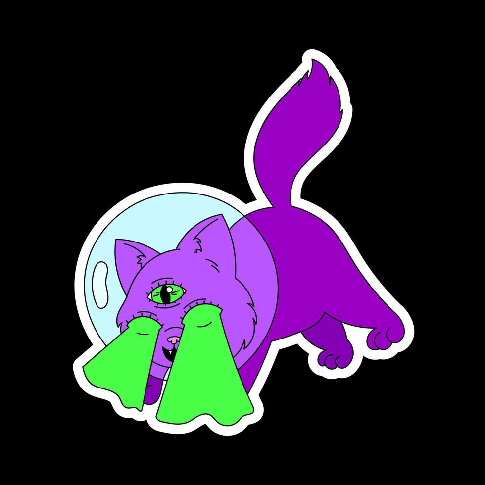 un chaton mignon avec une fourrure violette et trois yeux dans un casque d'une combinaison spatiale, tire des lasers verts de ses yeux. psychédéliques, surréalisme vecteur