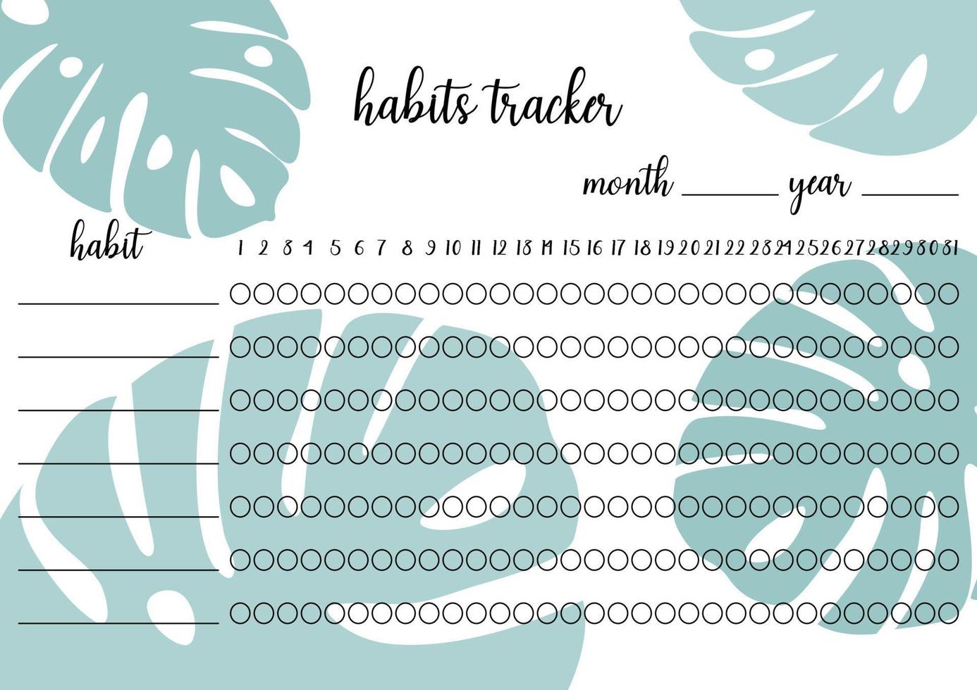 modèle imprimable vierge de suivi des habitudes. page de cahier horizontale a4. illustration vectorielle de feuille de papier pour marquer le succès des habitudes au cours du mois. fond de feuilles de monstera tropical vecteur