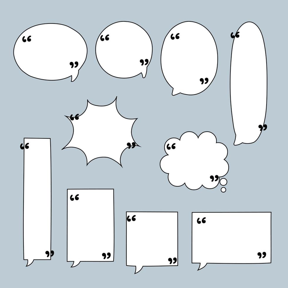 ensemble de collection de bordure de cadre de ligne de dessin à la main, ballon à bulles avec guillemets, penser, parler, parler, zone de texte, bannière, plat, conception, illustration vectorielle vecteur