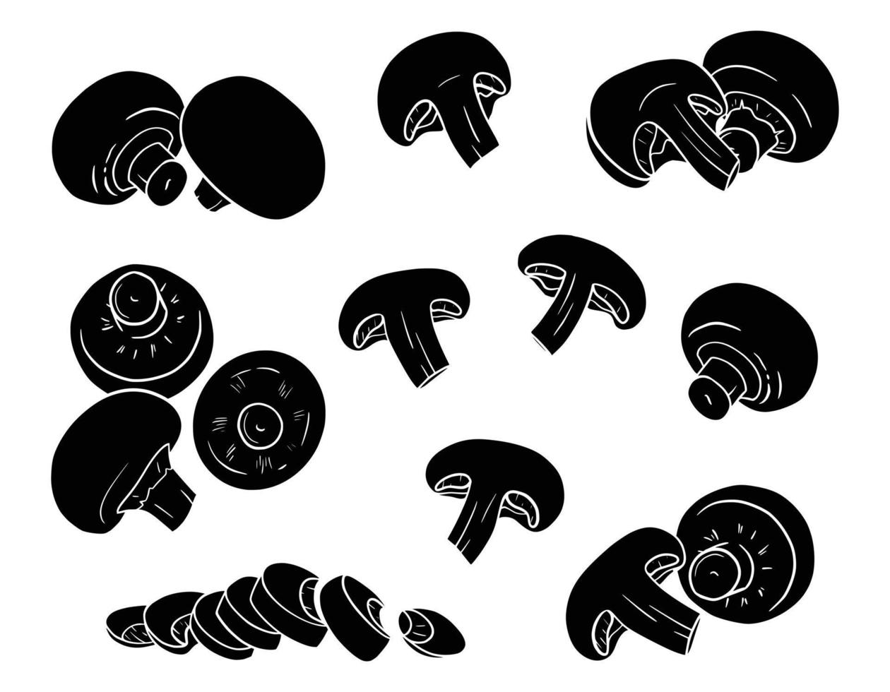 champignons dessinés à la main. silhouette de champignons isolés sur fond blanc. entier, coupé, tranches, moitiés. illustration vectorielle noir et blanc pour la conception d'emballages alimentaires. vecteur