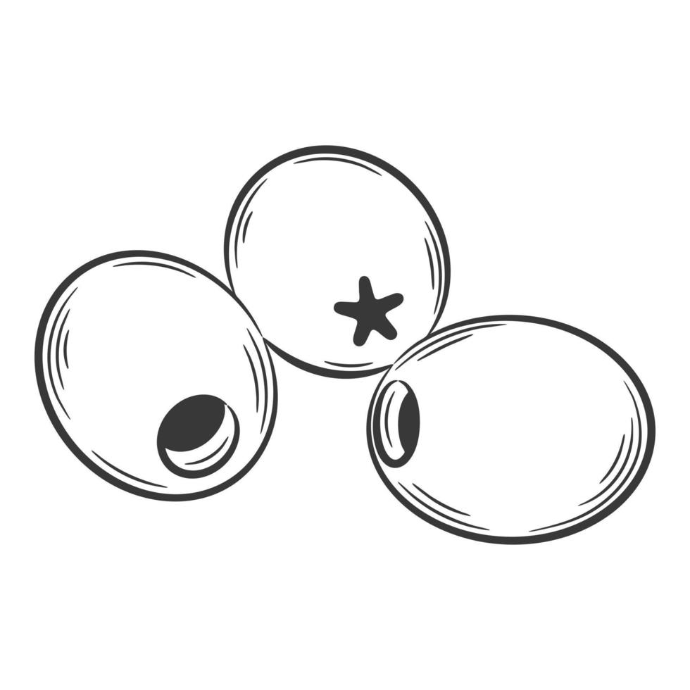 olives dénoyautées. un légume dans un style linéaire, dessiné à la main. ingrédient alimentaire, élément de conception. lineart. illustration vectorielle noir et blanc. isolé sur fond blanc vecteur